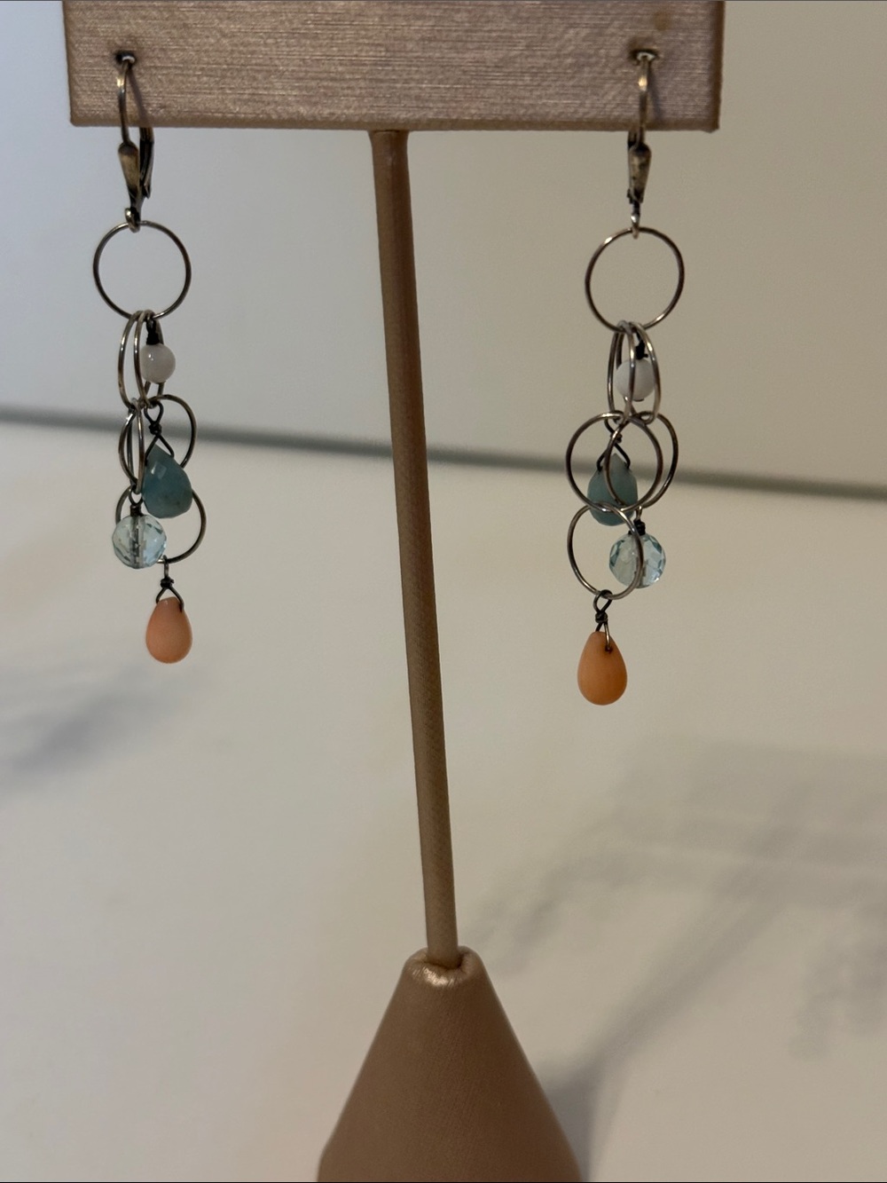 EARRINGS STERLING SILVER 925 DANGLE DROP CIRCLES BEADS CRYSTAL BLUE WHITE PINK